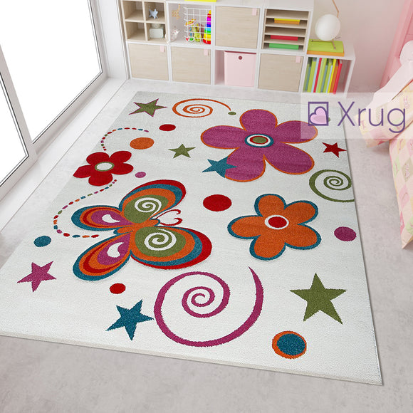Kids Rug White Cream Contour Cut Hand Carved Pattern Multi Colour Mats Baby Nursery Carpet Bedroom Playroom Girs Boys Unisex Floral Butterfly Star