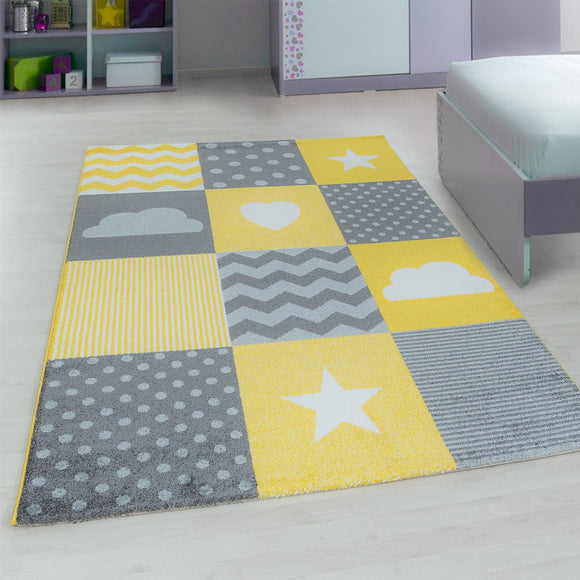 Kids Star Rug Yellow Grey Baby Nursery Play Carpet Childrens Bedroom Floor Mats