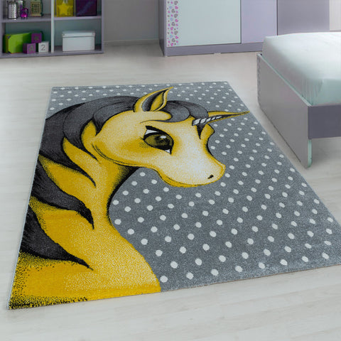 Kids Unicorn Rug Grey Yellow Nursery Carpet Childrens Animal Baby Room Round Mat