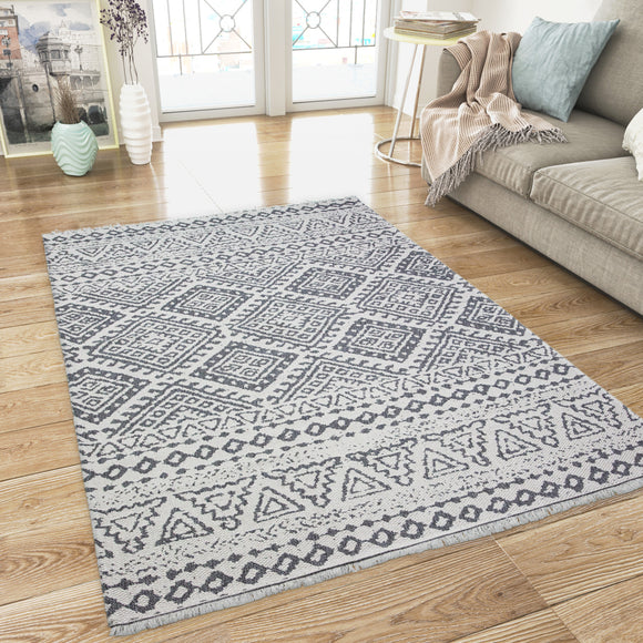 Cotton Rug Cream Aztec Grey Pattern with Tassels Washable Large Small Natural Living Room Bedroom Carpet Mat