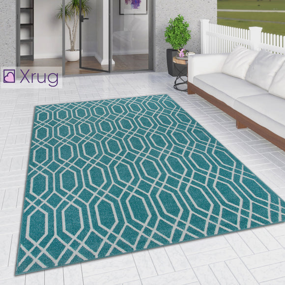 Outdoor Rug Blue Moroccan Trellis Pattern Turquoise Geometric Mat for Decking Garden Patio