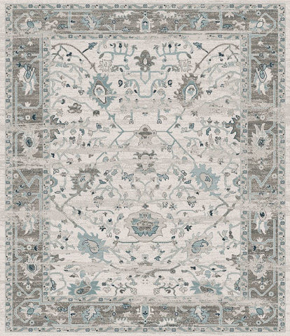 Distressed Vintage Rug Grey Blue-Faded Border Oriental Design Large Area Carpet