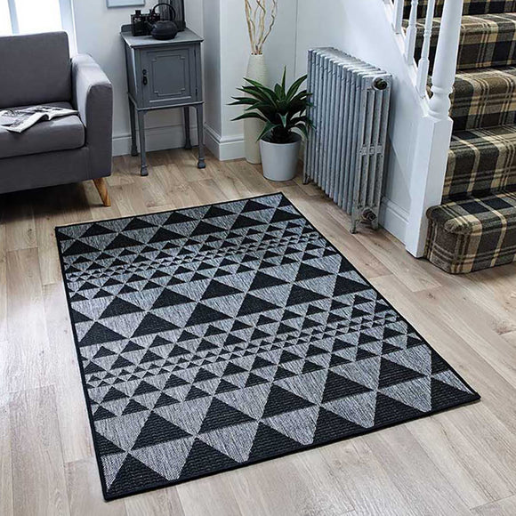 Non Slip Rug Indoor Grey Black Flatweave Geometric Pattern Large Small 