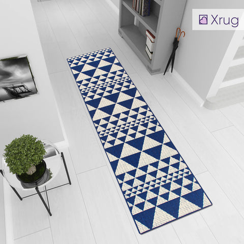 Kitchen Rug Runner Non Slip Navy Blue Cream Geometric Carpet Small Large Flat Weave Carpet Mat