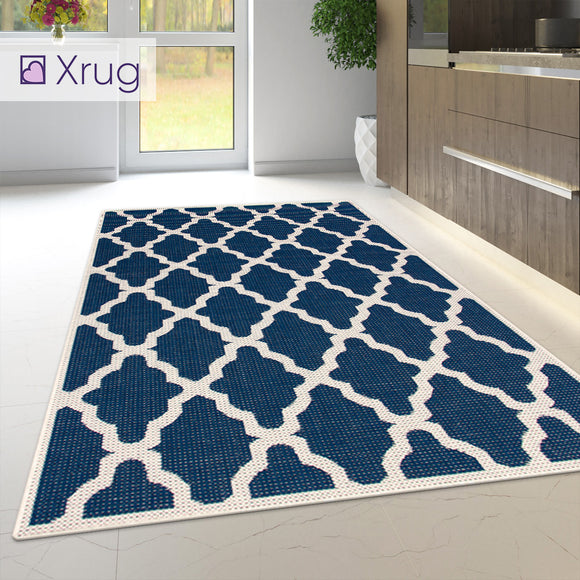 Heavy Duty Kitchen Rug Navy Blue Moroccan Trellis Sisal Look Small Large Carpet Mat Runner
