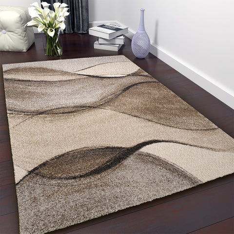 Modern Abstract Rug Beige Grey Wave Deisgn Thick Pile Woven Short Pile Carpet Mat for Living room or Bedroom