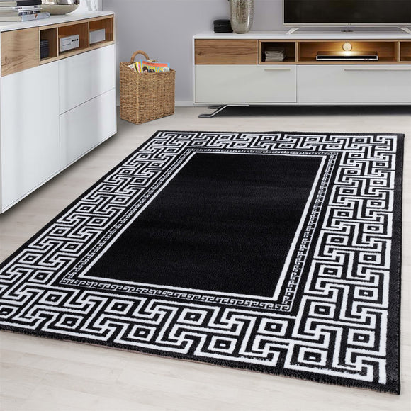 Contemporary Modern Geometric Bordered Traditional Oriental  Rug Black Grey Cream White Patterned Carpet Small Extra Large XL Living Room Bedroom Area Lounge Mats Woven Polypropylene Heatset Short Low Pile 120x170 200x290 160x230 80x150 80x300