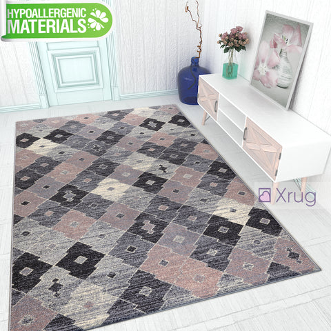Check Rugs Modern Grey Pink Geometric Carpet Small Large Living Room Lounge Mat