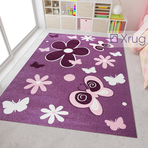 Modern Kids Rug Purple Pink Floral Butterfly Contour Cut Hand Carved Pattern Mat Childrens Play Room Carpet Nursery Baby Bedroom Boys Girls Unisex