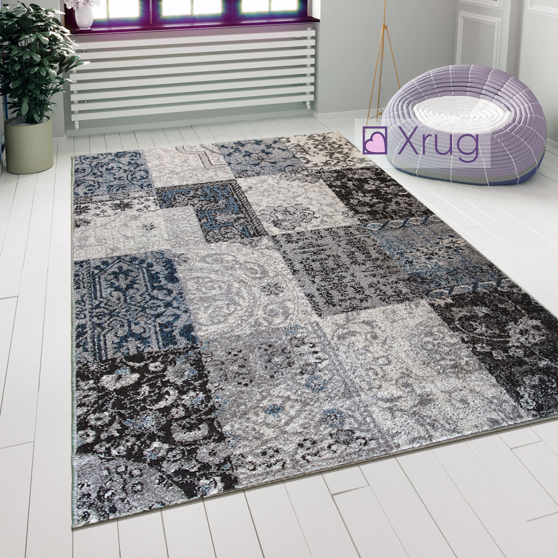 Modern Rug Grey Brown Blue Patchwork Pattern Carpet Large Living Room ...