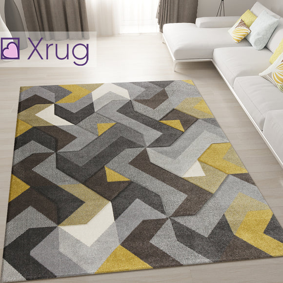 Modern Rug Mustard Grey Yellow Hand Carved Pattern Mat Geometric Bedroom Carpet