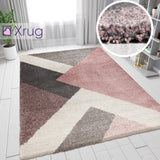 Modern Rug Pale Pink Beige Grey Geometric Thick Pile Carpet Small Large Room Mat