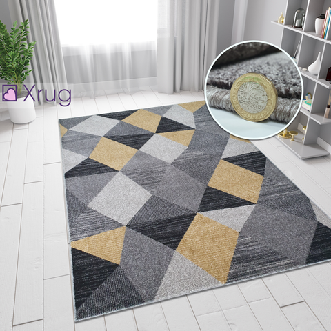 Modern Rugs Black Grey Yellow Gold Multi Geometric Abstract Pattern Carpet Small Large Area Mat Friese Soft Polypropylene Living Dining Room Bedroom Lounge 70x140 120x170 160x220 