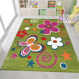 Multi Colour Rug for Kids Green Purple Floral Butterfly Hand Carved Contour Cut Pattern Carpet Childrens Bedroom Play Floor Mat Nursery Baby Boys Girls Unisex 
