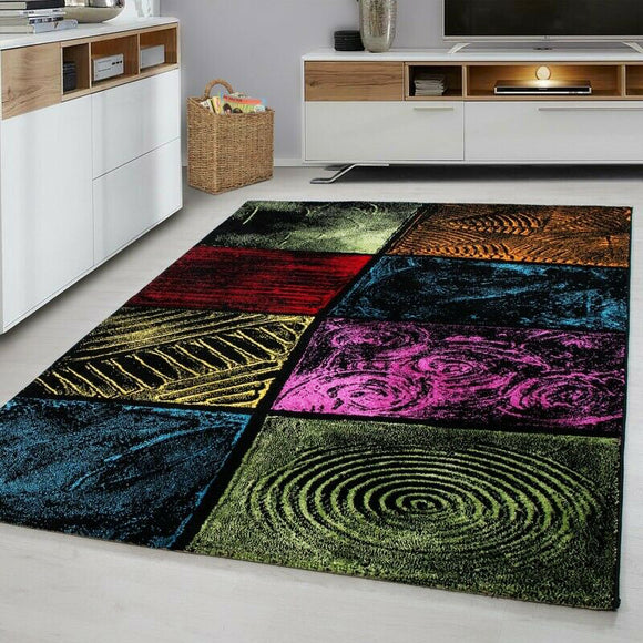 Multi Colour Rug New Modern Geometric Pattern Check Carpet Bedroom Area Hall Mat