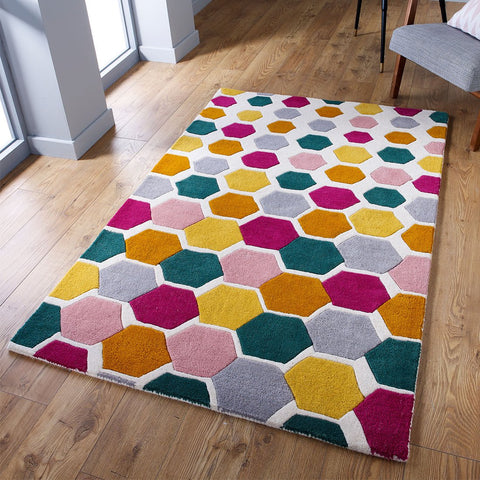 Multicoloured Geometric Rug 100% Wool Hand Tufted Natural Rugs with Contour Cut Pattern Heavy Thick Area Mat Living Room Bedroom