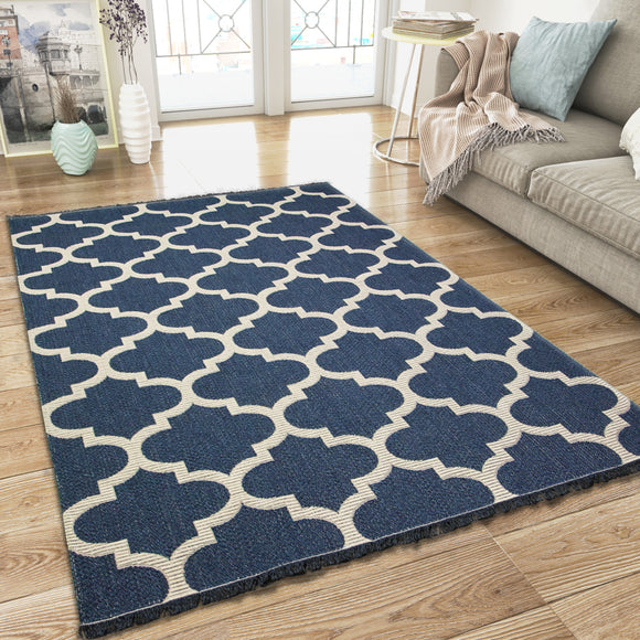 Cotton Rugs Washable Navy Blue Trellis XL Large & Small Flatweave Natural Living Room Bedroom Carpet