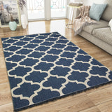 Cotton Rugs Washable Navy Blue Trellis XL Large & Small Flatweave Natural Living Room Bedroom Carpet