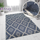 100% Cotton Rug Navy Blue Diamond Pattern Washable Flat Weave Mat Carpet Small Extra Large Runner