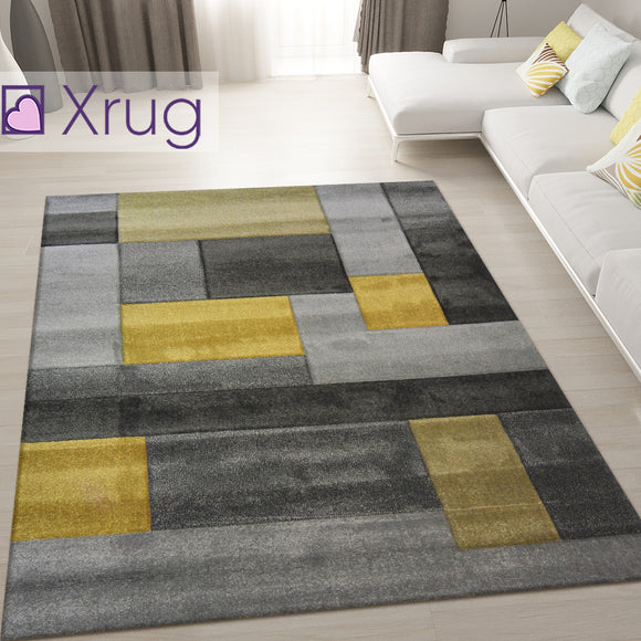Ochre and Grey Rug Geometric Hand Carved Pattern Mat Modern Living Room Carpets