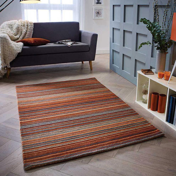 Orange Rug 100% Wool Handmade Modern Striped Living Room Bedroom Carpet Thick Mat Runner New