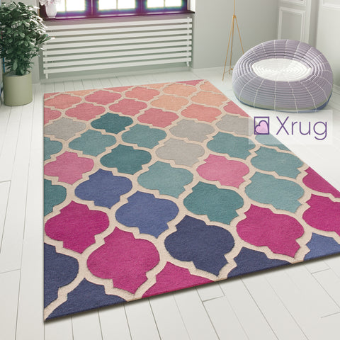 Oriental Wool Rug Pink and Blue Modern Pattern Carpet Living Room Lounge Mat New