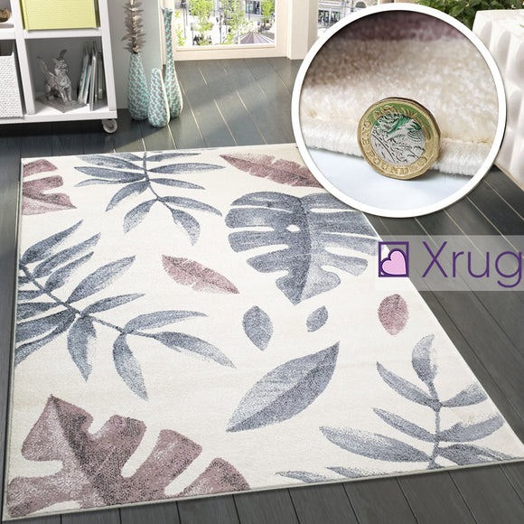 Modern Floral Rug Ivory Grey Cream Pink Low Pile Woven Carpet Bedroom Floor Mat