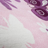 Pink Childrens Rug Purple Floral Butterfly Hand Carved Contour Cut Pattern Carpet Kids Girls Play Room Bedroom Mat Baby Nursery Boys Girls Unisex