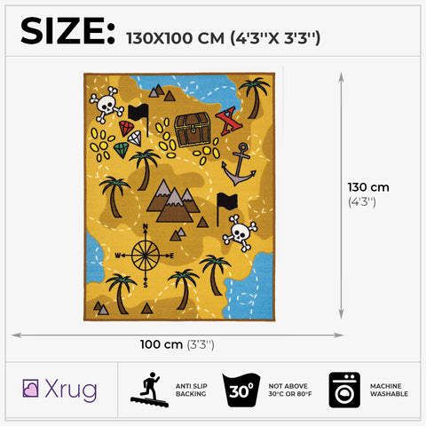 Kids Rug Boys NON SLIP MACHINE WASHABLE Pirate Tresure Nursery Mat for Bedroom Playroom 130x100cm