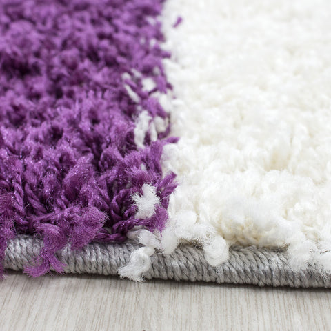Purple Fluffy Rug Lila Grey Cream Deep Pile Shaggy Mat Bedroom Check Carpet New