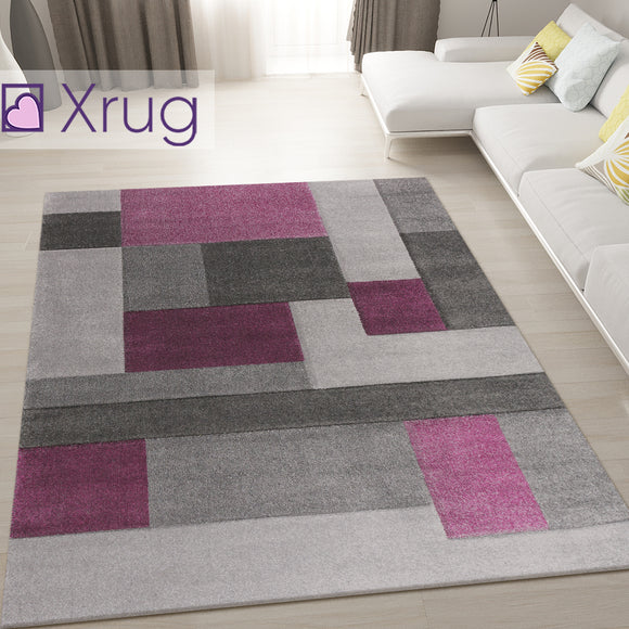 Purple and Grey Rug Modern Geometric Hand Carved Pattern Carpet Bedroom Area Mat