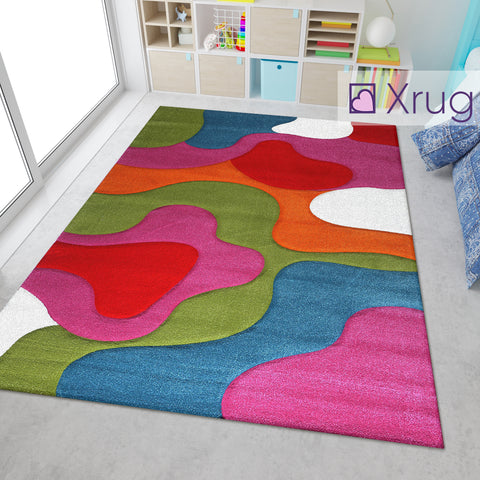Kids Playroom Rug Multi Colour Bright Colourful Red Green Blue Purple Orange Cream White Hand Carved Contour Cut Pattern Mat Childrens Bedroom Carpet Large Small Baby Girls Boys Unisex Abstract Polypropylene Frisee