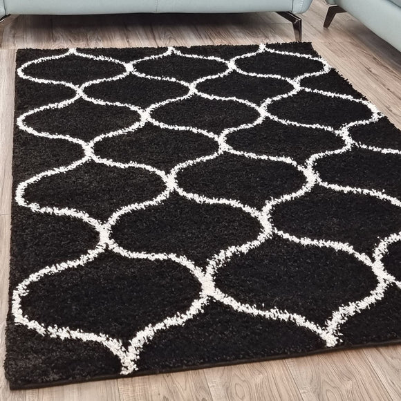 Fluffy Rug Black and White Shaggy Carpet Soft Thick Large Small Trellis Pattern for Living Room Bedroom