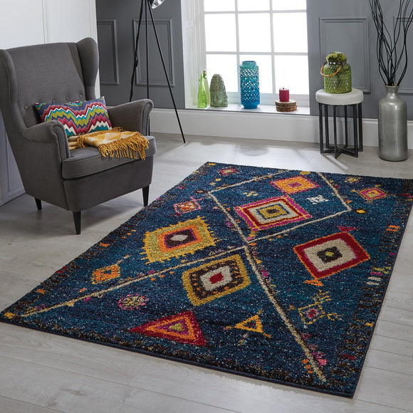Navy Blue Fluffy Rug Boho Shaggy Triabal Style Multicoloured Pattern Living Room Bedroom Carpet Mat 