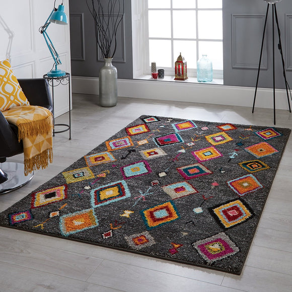 Dark Grey Fluffy Rug Boho Charcoal Shaggy Carpet Triabal Multicoloured Pattern Living Room Bedroom Carpet Mat 