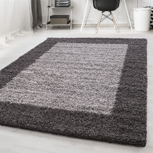 Shaggy Rug Grey Fluffy Border Design Mat Long Pile Small X Large Bedroom Carpet