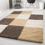 Shaggy Rugs Mocca Beige Cream Fluffy Bedroom Mat Small X Large Checkered Carpet