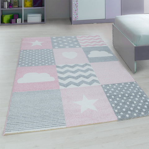Star Nursery Rug Girls Pink Grey Bedroom Mat Modern Kids Childrens Round Carpet