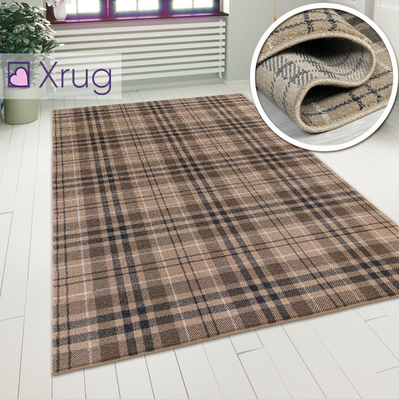 Tartan Checkered Rug Beige Natural Colour Patterned Carpet Small Extra Large Modern Bedroom Hallway Runner Mat Geometric Living Room Area Lounge Woven Short Pile Contemporary Floor New