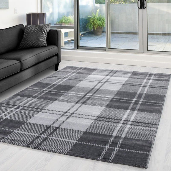 Modern Rugs Grey Check Pattern Carpet Small X Large Bedroom Floor Runner Mat New