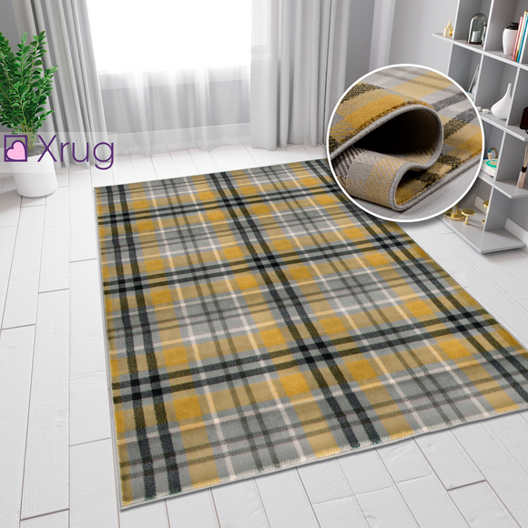 Tartan Rug Yellow Grey Ochre Check Carpet Small Extra Large XL Hallway Runner Woven Carpet Living Room Bedroom Area Mat 80x150 60x230 120x170 160x230 200x290 Polypropylene