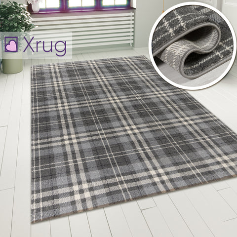 Tartan Checkered Rug Silver Grey Patterned Carpet Small Extra Large Modern Bedroom Hallway Runner Mat Geometric Living Room Area Lounge Woven Short Pile Contemporary Floor New