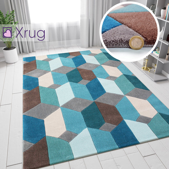 Teal Blue Brown Grey Rug Geometric Hand Carved Pattern Carpet Modern Bedroom Mat