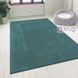 Teal Wool Rug Modern Contour Cut Border Pattern Mat Small X Large Bedroom Carpet