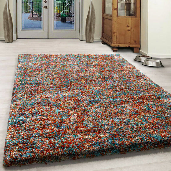 Extra Thick Shaggy Rug Mottled Blue Terracotta Fluffy Carpet Bedroom Hallway Mat
