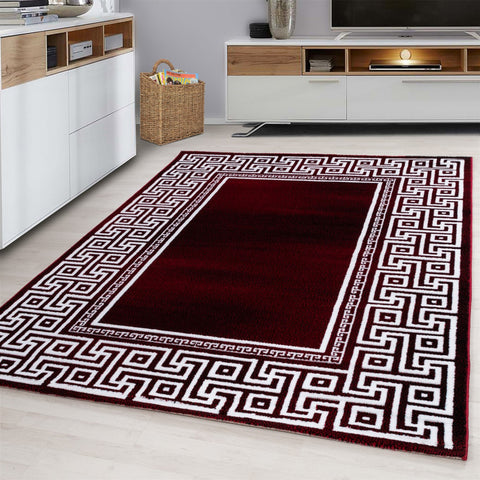 Contemporary Modern Geometric Bordered Traditional Oriental Rug Red Cream White Patterned Carpet Small Extra Large XL Living Room Bedroom Area Lounge Mats Woven Polypropylene Heatset Short Low Pile 120x170 200x290 160x230 80x150 80x300