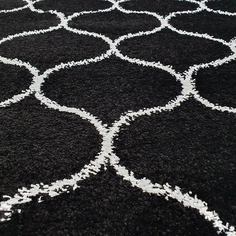 Fluffy Rug Black and White Shaggy Carpet Soft Thick Large Small Trellis Pattern for Living Room Bedroom