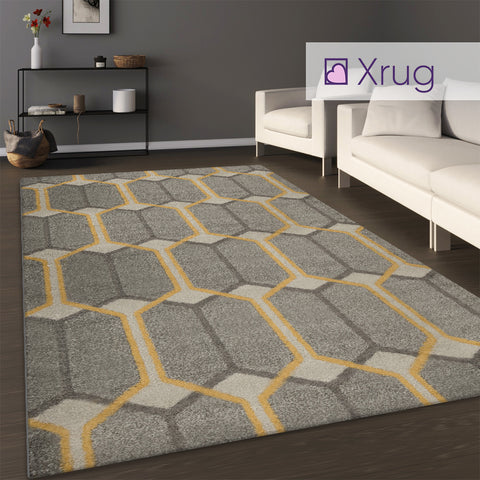 Grey Yellow Rug Modern Design Carpet Geometric Large Small Living Room Woven Mat