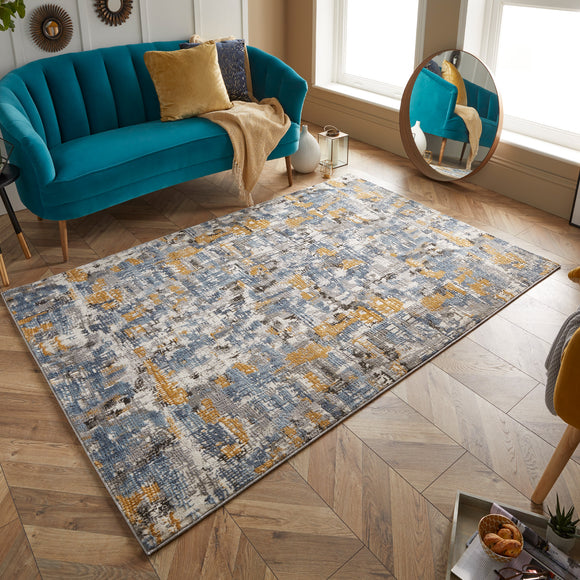 Large Abstract Rug Cream Grey Mustard Blue Colours Distressed Pattern Floor Mats