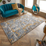 Large Abstract Rug Cream Grey Mustard Blue Colours Distressed Pattern Floor Mats